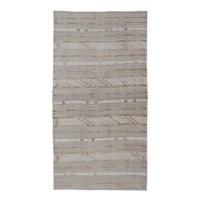 Striped Turkish Flat-Weave Kilim in Muted Colors and Tribal Motifs 5'5 X 10'4 For Sale