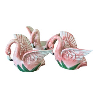 Vintage Coastal Fitz and Floyd Pink Flamingo Porcelain Votive Candle Holders-Set of Three For Sale