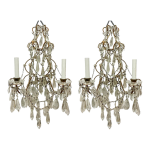 1940s French Louis XV Style Sconces W/ Bronze, Macaroni Beads Cut Glass Prisms - Pair