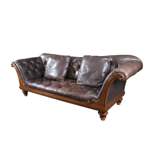 Victorian Late 20th Century Baker Furniture Stately Homes Tufted Brown Leather & Walnut Chatsworth Sofa For Sale - Image 3 of 15