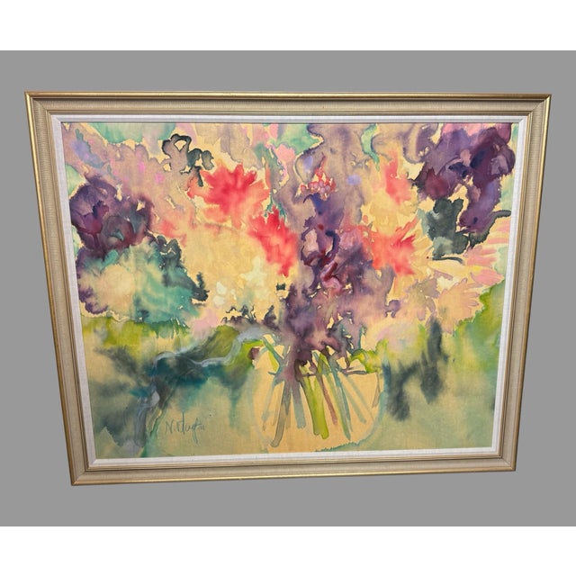 Paint Late 20th Century Original Signed Watercolor Floral Still Life Painting Framed Mid Century Modern For Sale - Image 7 of 7