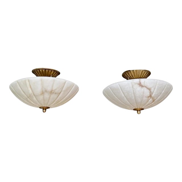 1980s French Directoire Style Incised Star Alabaster Flush Mounts - Pair For Sale