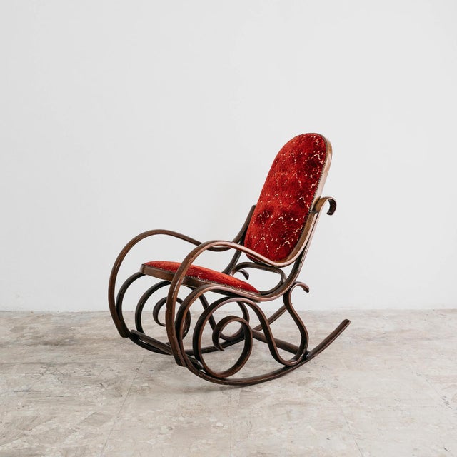 Wood Vintage Bentwood and Red Velvet Rocking Chair, 1950s For Sale - Image 7 of 10