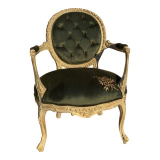 Victorian Style Green Velvet French Style Arm Chair/Settee For Sale