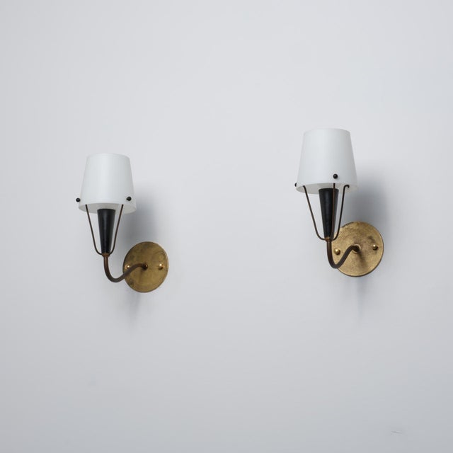 Metal Vintage Italian Wall Sconces in Brass and Opaline Glass, 1950s, Set of 2 For Sale - Image 7 of 9