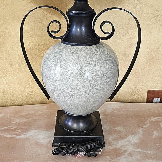 Off-white Ashley Gavivi Style Crackle-Glaze Ceramic Urn & Bronze Scroll Table Lamp For Sale - Image 8 of 18