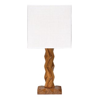 French Art Deco Geometric Oak Table Lamp with Linen Shade, Late 1930s For Sale
