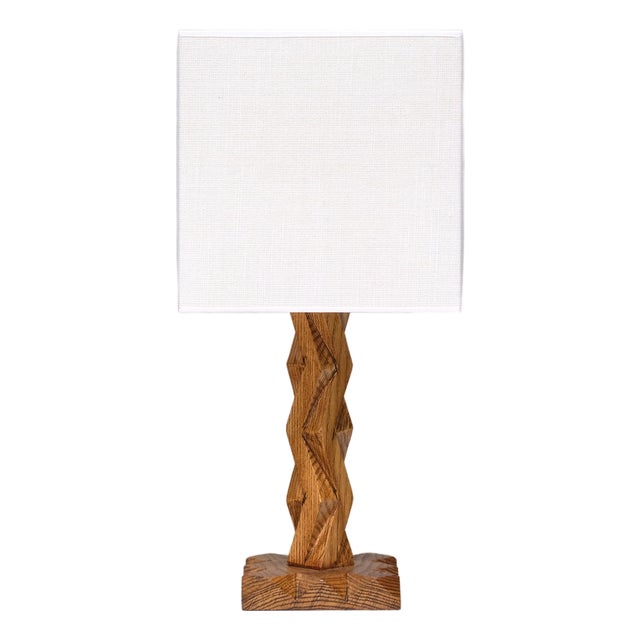 French Art Deco Geometric Oak Table Lamp with Linen Shade, Late 1930s For Sale