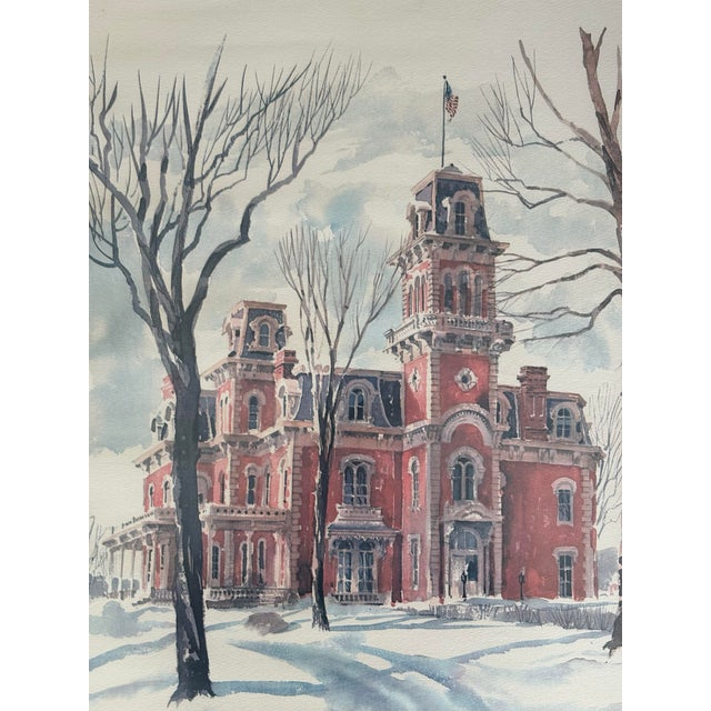 1970s Vintage Watercolor Print of the Hubbell Mansion (Terrace Hill) by Paul N. Norton, Winter Architectural Scene For Sale - Image 5 of 8
