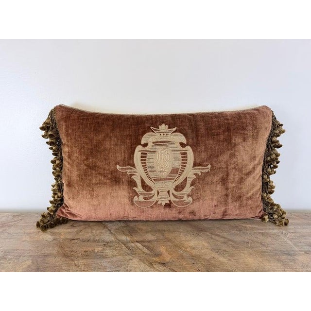 Crafted from an exceptional 19th-century embroidered velvet textile, this elegant lumbar pillow celebrates the artistry...