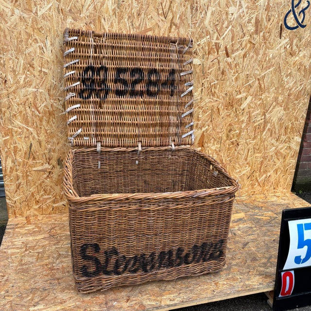 1920’s original english wicker baskets. Oversized industrial storage baskets retaining original faded branding. Handmade...