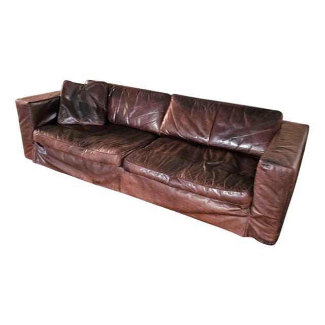 Large Loose Cover Brown Leather Lounge Sofa, 1970s For Sale