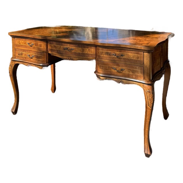 1960s Italian Louis XV Style Writing Desk With Burr Walnut Inlay – Finished Back Executive Desk For Sale