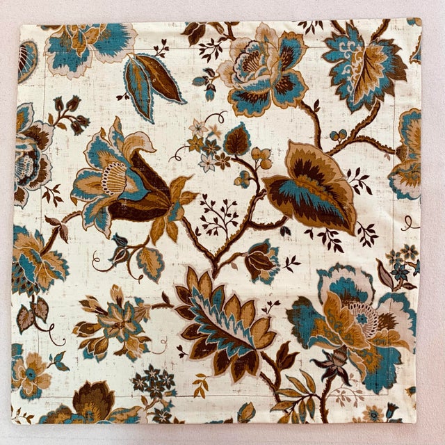 Traditional P Kaufmann Waverly Brown Cream Teal Tan Botanical Jacobean Leaf Vine 22" Pillow Covers- Pair For Sale - Image 3 of 7