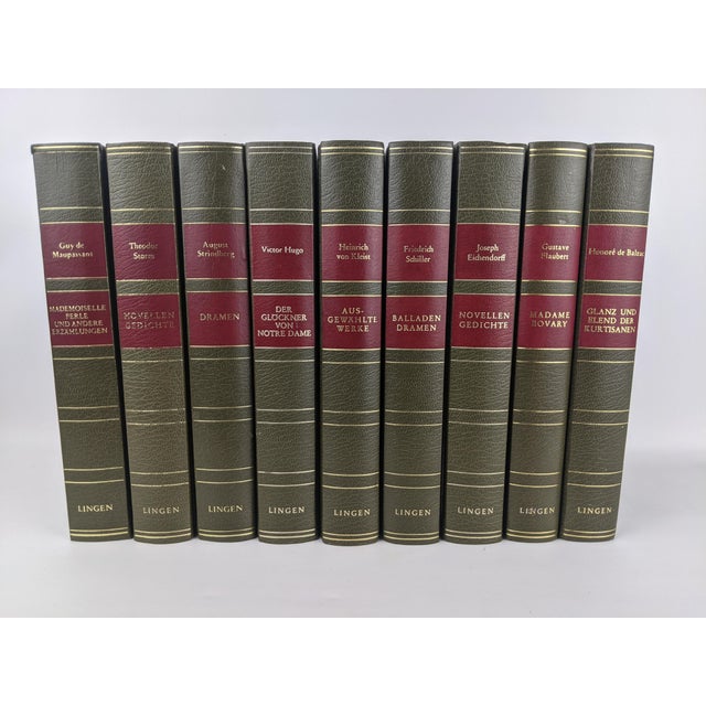 Vintage Olive Green, Burgundy & Gold German Literary Classics by Lingen – Set of 9 For Sale - Image 12 of 15