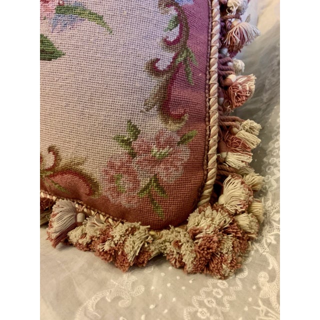 Vintage Tapestry Floral Aubusson Wool Decorative Pillow With Tassels Trim Reversible to Solid Velvet 19” X 19” For Sale - Image 11 of 12