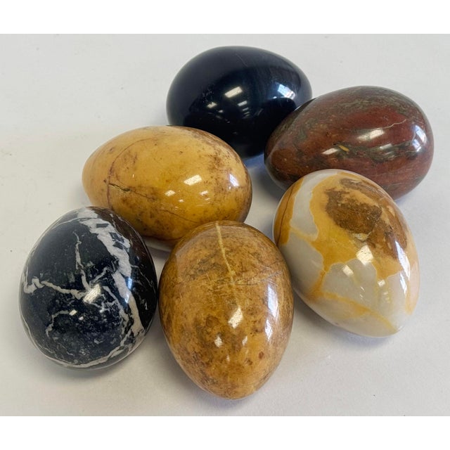Vintage set of six (6) polished eggs of varied natural stone marble, alabaster, onyx etc. Perfect displayed in a bowl or...