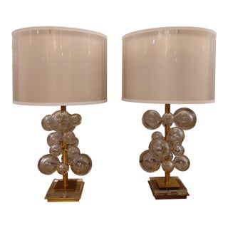 Mid Century Modern Glass and Brass Bubble Lamps With Double Drum Shades For Sale