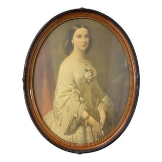 Vintage Carved Wooden Oval Frame With Lithograph For Sale