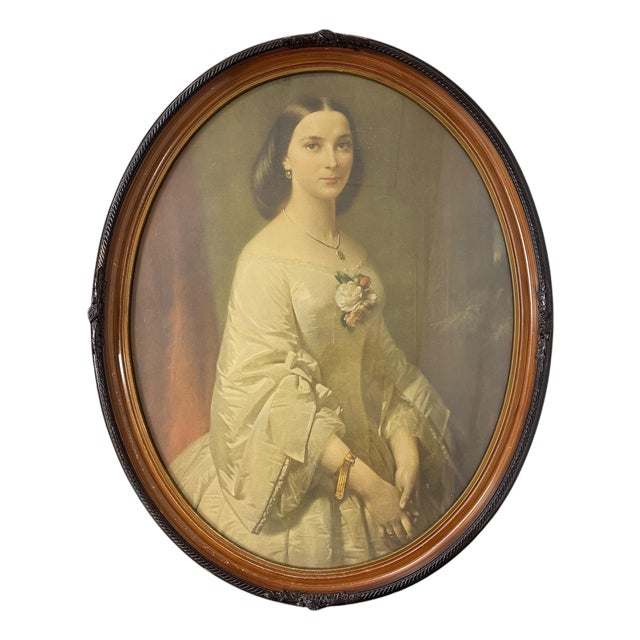 Vintage Carved Wooden Oval Frame With Lithograph For Sale