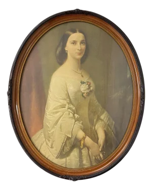 Vintage Carved Wooden Oval Frame With Lithograph