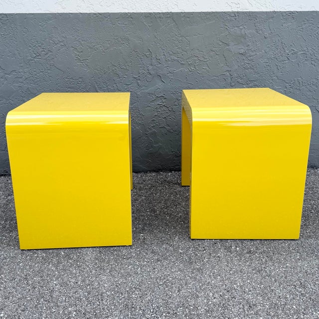 Yellow Postmodern Yellow Gloss Laminate Waterfall Side Tables - A Pair For Sale - Image 8 of 10