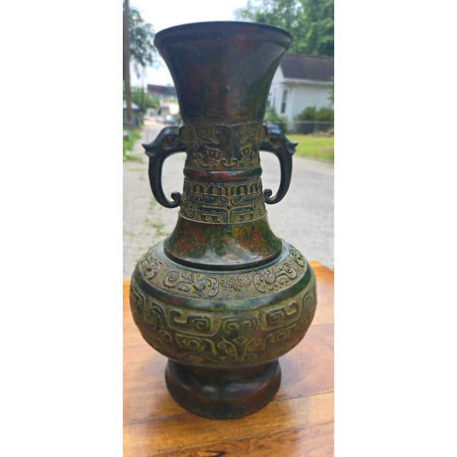 Vintage Chinese-Style Archaistic Bronze Hu Vase With Elephant Head Handles, Patinated Finish For Sale - Image 6 of 18