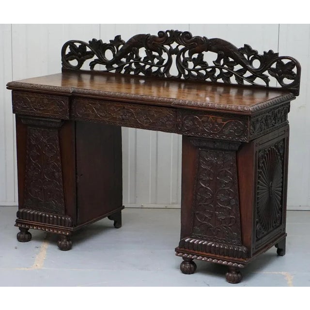 19th Century Anglo-Burmese Hand-Carved Sideboard with Drawers & Cupboards For Sale - Image 3 of 18