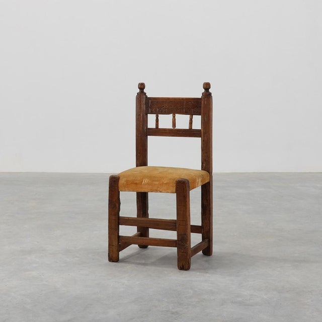 Spanish Hand-Carved Oak Side Chair with Velour Seat, 19th Century For Sale - Image 14 of 14