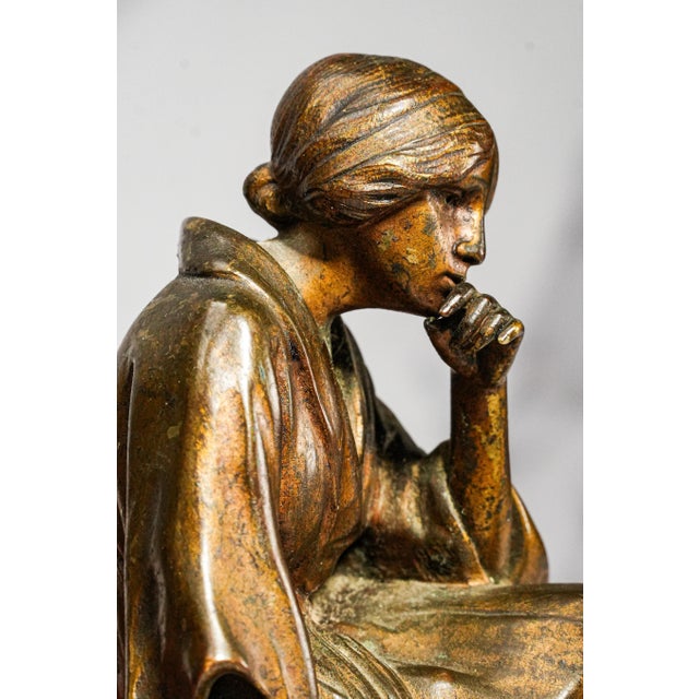 Rare Antique Bertolini Clemente “Pensive” Bronze Woman Figural Sculpture Statue Bookends Ovington New York Luxury Home Decor Art For Sale In New York - Image 6 of 18