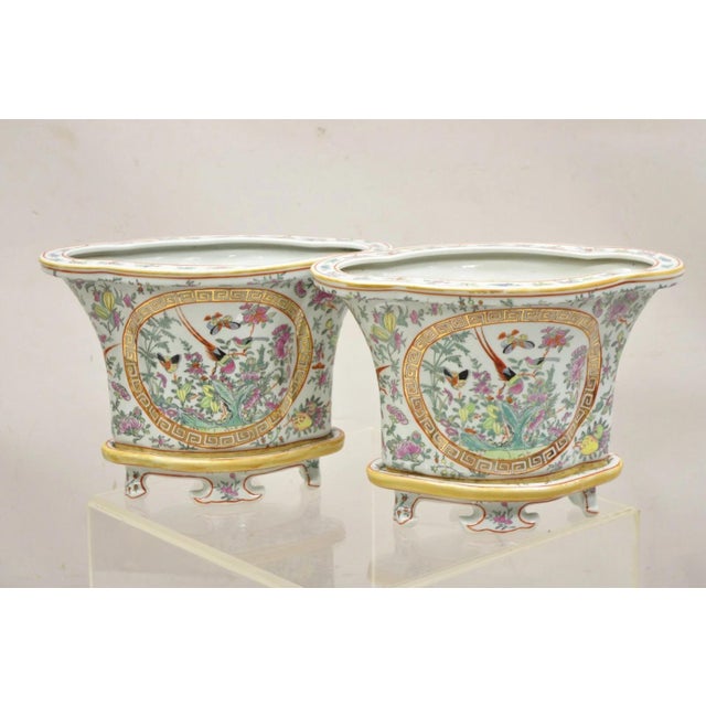 Vintage Chinese Export Porcelain Bird Painted Cachepot Flower Pot - a Pair. Details: Pots rest on porcelain decorated...