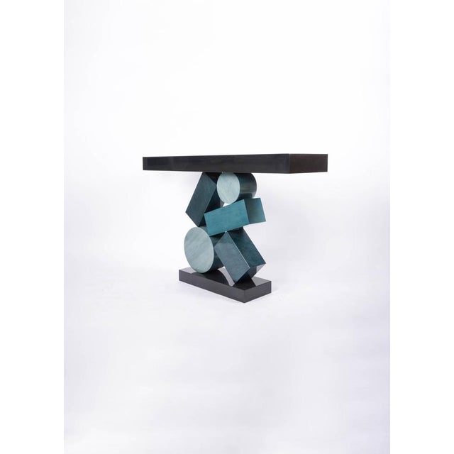 Equilibre Console in Blue and Black Tinded Marquetry by Aymeric Lefort For Sale - Image 4 of 18