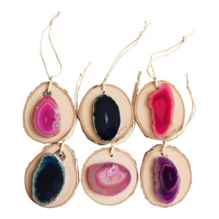 Agate Slice Birch Round Christmas Ornaments - Set of 6 For Sale