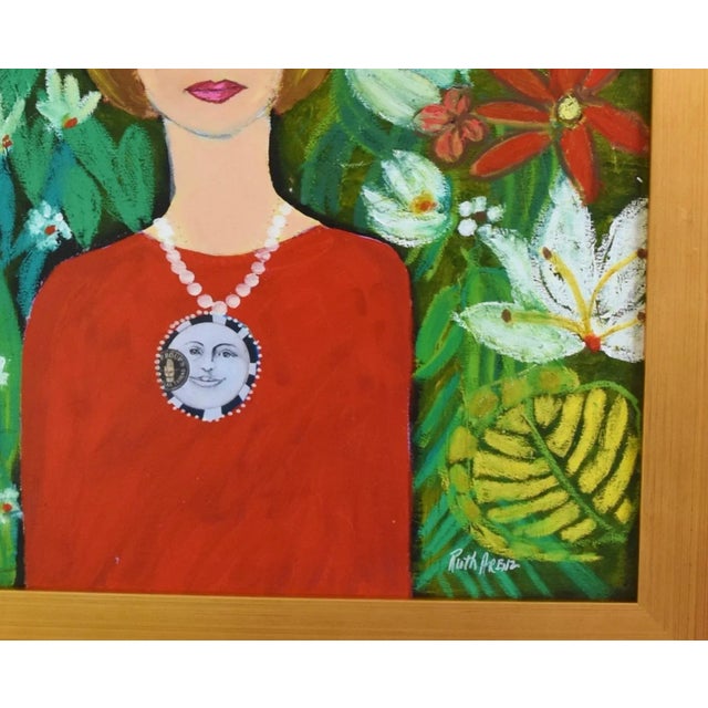 Red French Mademoiselle Floral Portrait Oil Painting W/ Antiqued Gold Wood Frame For Sale - Image 8 of 9