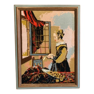 Vintage Framed Needlepoint Artwork After Vermeer Girl Reading at Window For Sale