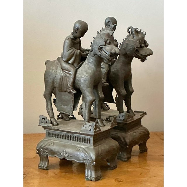 Mid 20th Century Vintage Asian Pewter Immortal Couple Garden Ornaments - Set of 2 For Sale - Image 5 of 10