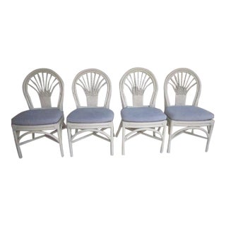 1970s Tropical Style Wicker Bamboo Dining Chair White With Cushion Set of 4 For Sale