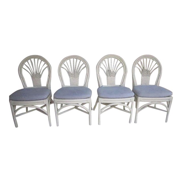 1970s Tropical Style Wicker Bamboo Dining Chair White With Cushion Set of 4 For Sale