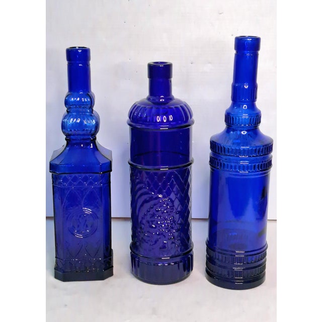 Vintage Cobalt Blue Glass Bottle Vase Lot of 3 Decorative Embossed Glass 12" For Sale - Image 4 of 11
