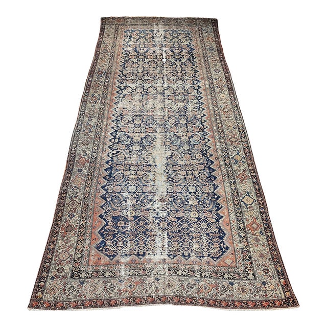 Antique Persian Malayer Gallery Rug, Hand-Knotted Wool, Geometric Pattern, 7x15, Blue & Ivory For Sale