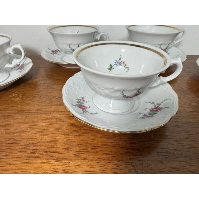 Vintage Wawel Poland Porcelain Tea Cup Saucer Set 5 Floral Gold Trim - 10 Pcs For Sale - Image 18 of 18