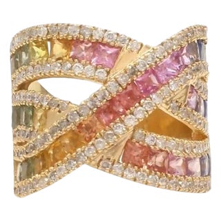 Natural 6.29 cts multi sapphire with 1.13 cts diamond ring in 18k gold For Sale