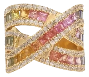Natural 6.29 cts multi sapphire with 1.13 cts diamond ring in 18k gold