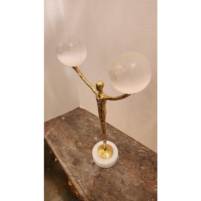 Brass John Richard Brass Figure With Two Selenite Balls For Sale - Image 8 of 8