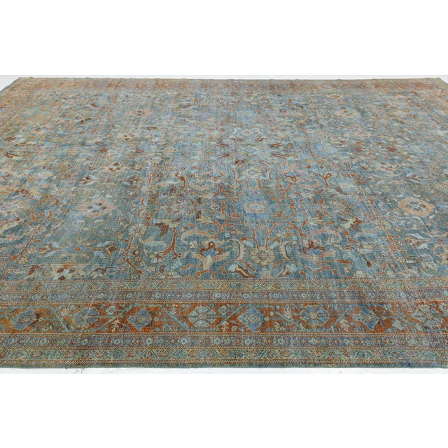 Late 19th Century Antique Mahal Wool Rug in Muted Muted Sky Blue and Terracotta For Sale - Image 5 of 11