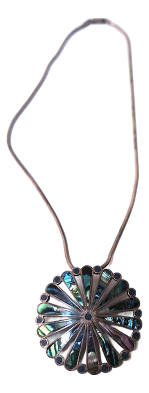 Designer Mexican Abalone Sterling Silver Pendant on Italian Sterling Silver Necklace, 2 Pieces, Circa Mid-20th Century