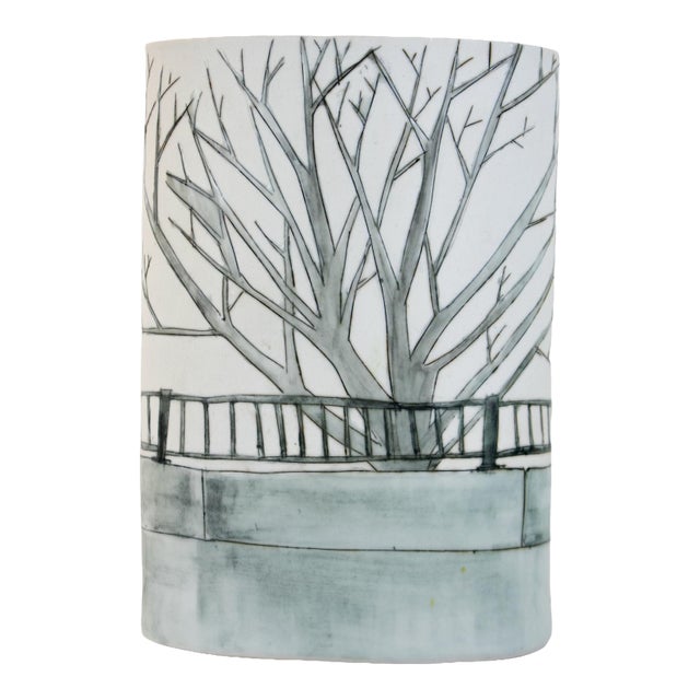 Studio Porcelain Oval Vase With Winter Landscape Motif, Signed For Sale