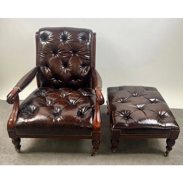 Chesterfield English Style Tufted Leather Library Chair & Ottoman by Hickory This Chesterfield English Style Tufted...