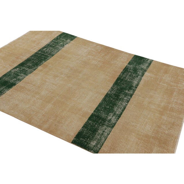 Rug & Kilim Vintage Zeki Müren Rug, Beige With Green Striped Minimalist Design - Rug & Kilim For Sale - Image 4 of 8