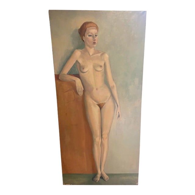 Mid Century French Life Size Figurative Nude Lady Female Portrait Original Oil Painting Attributed to Jose Vilato Ruiz Fin (1916-1969). For Sale